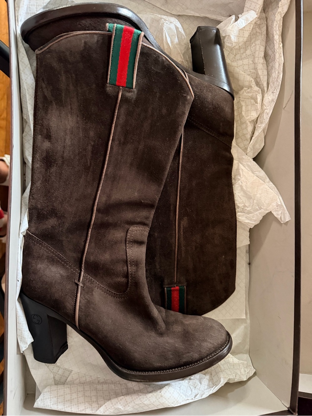 Gucci Dark Brown Suede Mid-Heel Boots